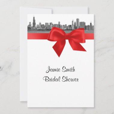 Chicago Skyline Etched BW Red Bridal Shower Invitations