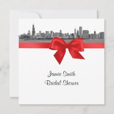 Chicago Skyline Etched BW Red SQ Bridal Shower Invitations