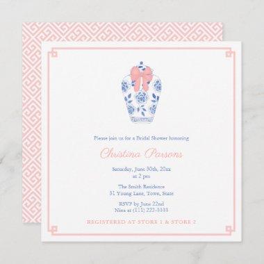 Chinoiserie Blue White Pink Wedding Shower Party Invitations