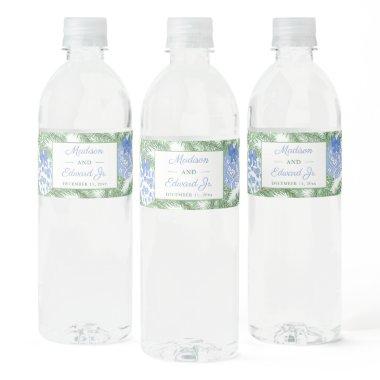 Chinoiserie Fir Tree Blue White Wedding Shower Water Bottle Label