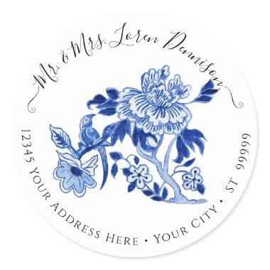 Chinoiserie Floral Foliage Blue White Bird Wedding Classic Round Sticker