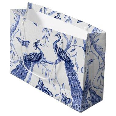 Chinoiserie Peacock Floral Navy Blue Bridal Shower Large Gift Bag