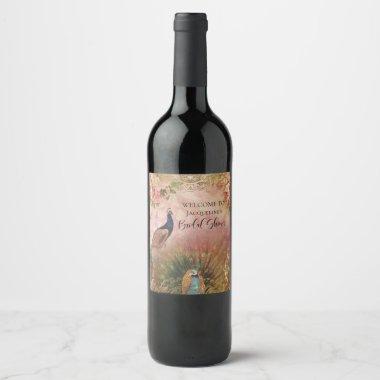 Chinoiserie Peony Floral Peacock Bridal Shower Wine Label