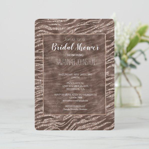 Chocolate Brown Zebra Glitter bridal shower  Invitations