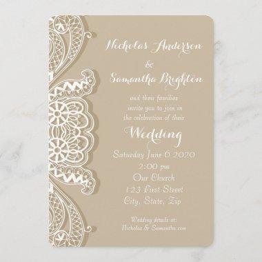 Christian Vintage Classic White Lace Taupe Wedding Invitations