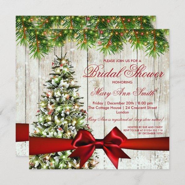 Christmas Bridal Shower Tree, Lights & Red Ribbon Invitations