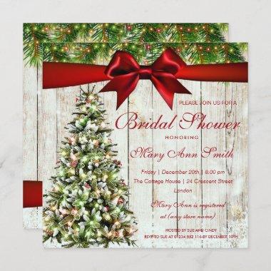 Christmas Bridal Shower Tree, Lights & Red Ribbon Invitations