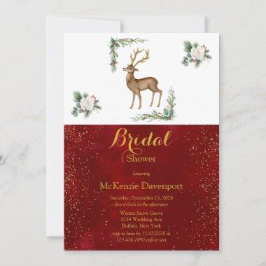 Christmas Deer Antler Burgundy Gold Bridal Shower Invitations