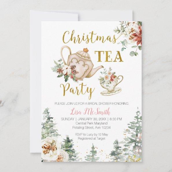 Christmas Floral Bridal Shower Tea Party Invitations