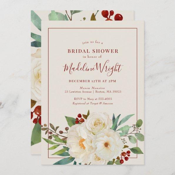 Christmas Floral Watercolor Bridal Shower Invitations