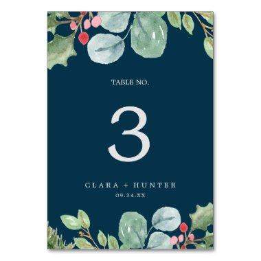 Christmas Greenery & Berry | Navy Table Number
