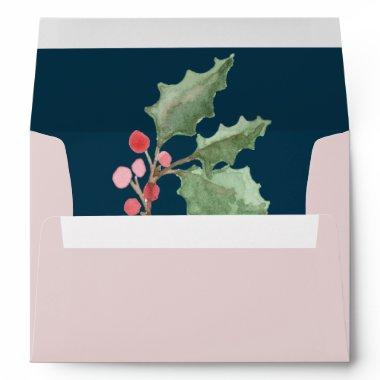Christmas Greenery & Berry Navy Wedding Invitations Envelope