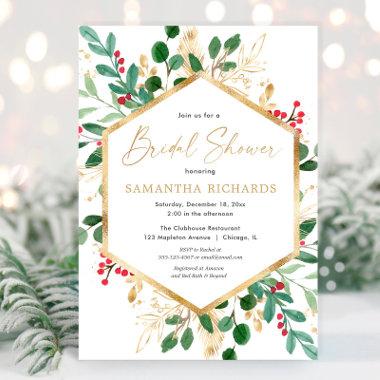 Christmas greenery gold red hollies bridal shower Invitations