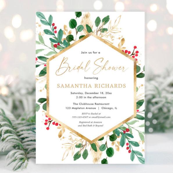 Christmas greenery gold red hollies bridal shower Invitations