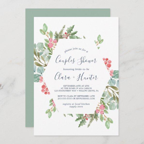 Christmas Greenery & Red Berry Couples Shower Invitations