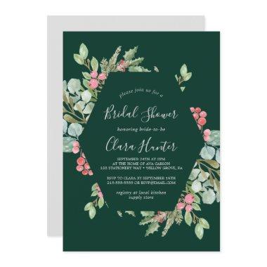 Christmas Greenery & Red Berry Green Bridal Shower Invitations