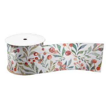 Christmas Holiday Watercolor Red Green Floral Sati Satin Ribbon