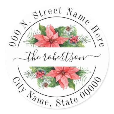 Christmas Poinsettia floral holiday return address Classic Round Sticker