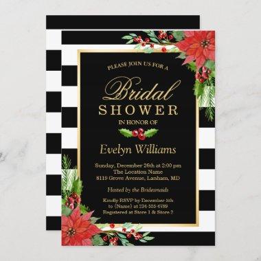 Christmas Poinsettia Floral Striped Bridal Shower Invitations