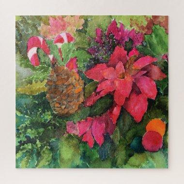 Christmas Poinsettia Original Watercolor Painting Jigsaw Puzzle