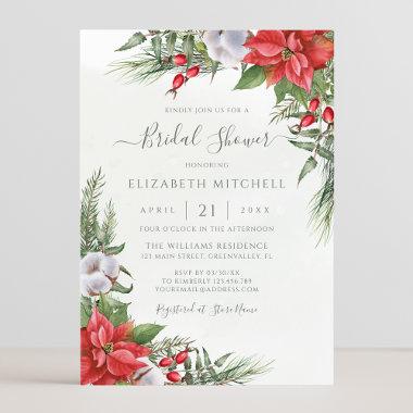 Christmas Poinsettia Winter Greenery Bridal Shower Invitations