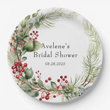 Christmas Red Berries Pine Wreath  Paper Plates