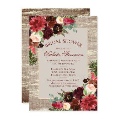 Christmas Rustic Boho Burgundy Gold Bridal Shower Invitations