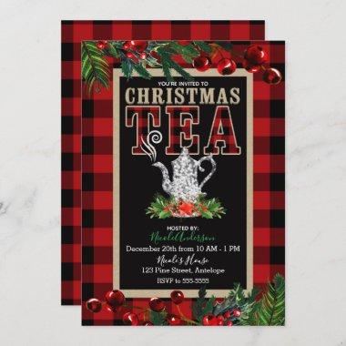 Christmas Tea Party Rustic Red Black Buffalo Plaid Invitations