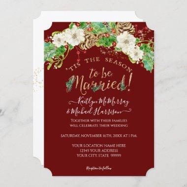 Christmas Tis the Season Holly Floral Gold Wedding Invitations