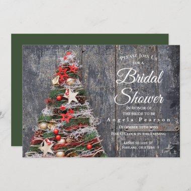 Christmas Tree Rustic Wood Green Bridal Shower Invitations