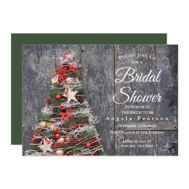 Christmas Tree Rustic Wood Green Bridal Shower Invitations