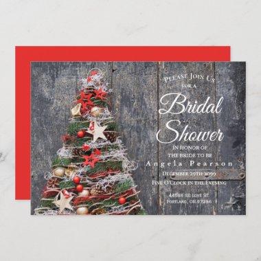 Christmas Tree Rustic Wood Red Bridal Shower Invitations