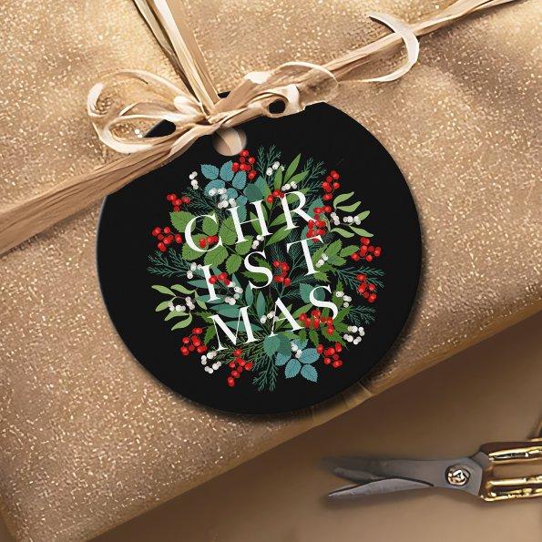 CHRISTMAS Typography Greenery Berries Black Favor Tags