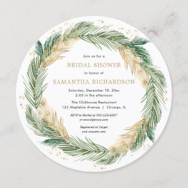 Christmas wreath greenery gold pine bridal shower Invitations