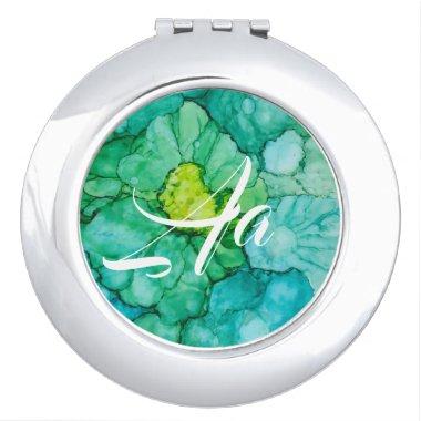 Circle Compact Mirror "Blue-Greens Flowers"