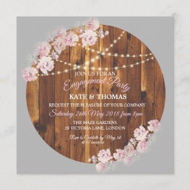 Circle Floral Light Strings Wood Engagement Invitations