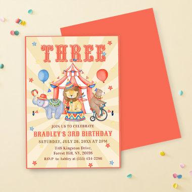 Circus Carnival & Animals 3rd Birthday Party Invitations