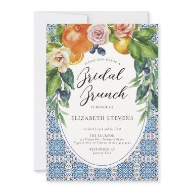 Citrus Arch Italian Blue Tile Modern Bridal Shower Invitations