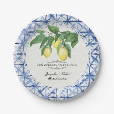 Citrus Lemon Floral Leaf Foliage Wreath Blue White Paper Plates