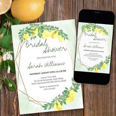 Citrus Lemon Gold Frame Mint Wash Bridal Shower Invitations