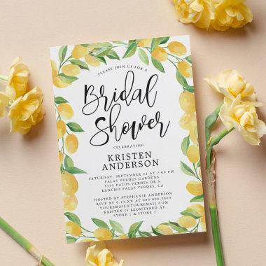 Citrus Lemon Watercolor Border Bridal Shower Invitations