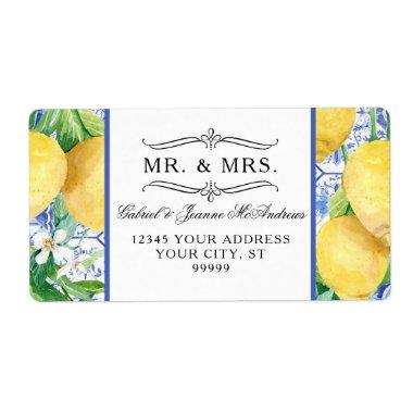 Citrus Lemons Greenery Wreath Blue and White Tile Label