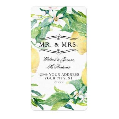 Citrus Lemons White Floral Greenery Wreath Wedding Label