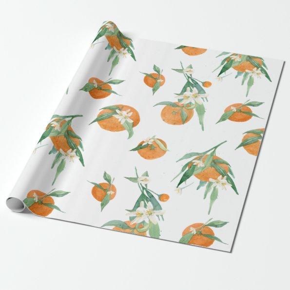 Citrus Orange n White Watercolor Floral Foliage Wrapping Paper