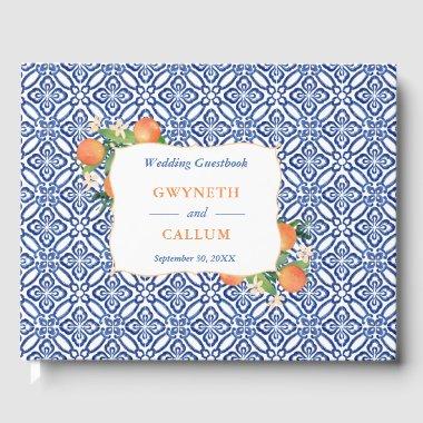 Citrus Sinensis Oranges Blue Ceramic Tile Pattern Guest Book