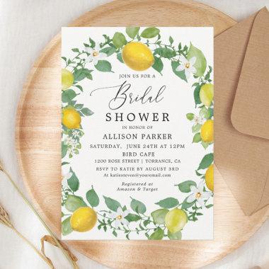 Citrus Watercolor Lemon Wreath Bridal Shower Invitations