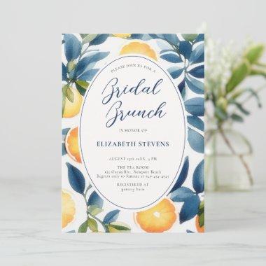 Citrus Watercolor Modern Blue Orange Bridal Shower Invitations