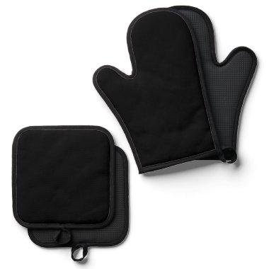 Classc Timeless Traditional Black Solid Color Oven Mitt & Pot Holder Set