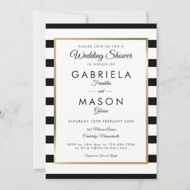 Classic Black And White Stripe Gold Wedding Shower Invitations