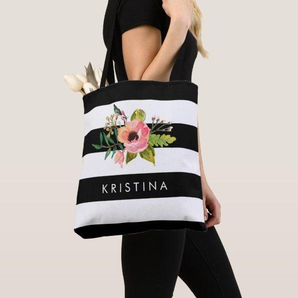 Classic Black White Stripes Floral Shopping Bag
